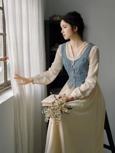Classical Court Style Two-Piece Set Dress Elegant French Vintage Country Vest Dress Soft Linen Cotton Blend Long Sleeve Midi Dress