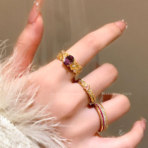 แหวนเพชร Zirconia ทรงไข่ผีเสื้อสีทองสำหรับผู้หญิง แหวนนิ้วชี้สีม่วงหรูหรา แหวนนิ้วชี้สไตล์เกาหลี แหวนแฟชั่น