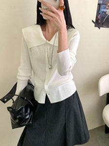 BINKAFENNY | White Navy Collar Long Sleeve Knitted Open Cardigan Womens Autumn New Unique Beautiful Versatile Turn Collar Top