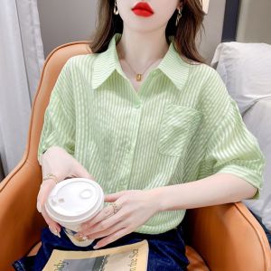 Summer 2025 Womens Stripe Short Sleeve Shirt Slimming Short Design French Style Belly Covering Top Casual Loose Fit Polo Collar