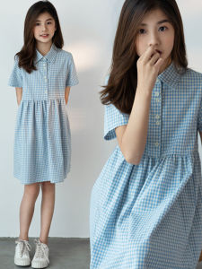 Girls Plaid Short Sleeve Cotton Dress Summer Childrens Art School Style Princess Skirt A-Line Dress Polyester Cotton Blend