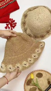 Mũ cói đi biển nữ đẹp Nón vành rộng chống nắng sợi cói đan phối viền hoa màu nâu be thời trang mùa hè - Mã NC033