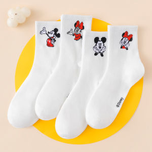 Disney | 4 Pairs of Disney Cute Mickey and Minnie Anime Ship Socks Minimally Cartoon Printed Cotton Womens White Casual Socks