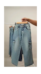 Girls Wide Leg Cargo Jeans Light Blue