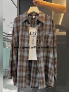 Womens Plaid Long Sleeve Shirt Loose Fit Versatile Autumn New Design American Retro Style Outerwear Casual Polo Collar Coat