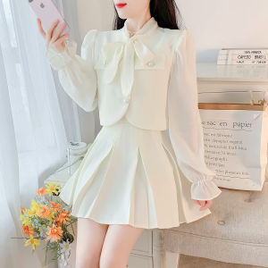 Early Autumn French Bubble Sleeve Set Elegant Ladylike Style Two-Piece Suit Polyester Long Sleeve Shirt with Pleated Skirt