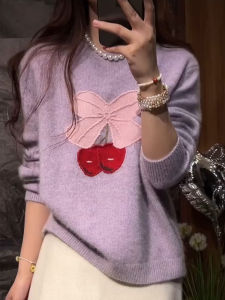 QINGNAER | Sweet Purple Cherry Bow Round-Necked Knit Sweater