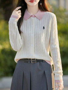 Autumn Winter New Style Womens POLO Collar Cashmere Open Cardigan Loose Fit Slimming Twist Knitted Woolen Sweater Embroidered Split Color