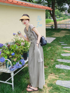 Hebe Style Advanced Sensation Workwear Dress V-Neck Splice Slimming Skirt Short Sleeve Long Dress A-Line Korean Version Polyester Fiber