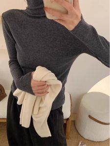 Deep Grey High Collar Sweater Womens Slim Fit Long Sleeve Base Layer Shirt Inner Wear Korean Style Knitted Top