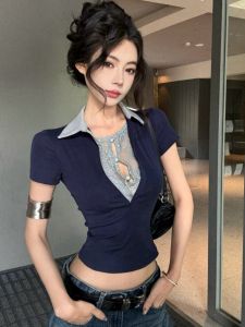 GUZILIAN | Retro Splice Lace Short Sleeve Polo Neck Slim Fit T-Shirt Women Summer New Color Block Fake Two-Piece Style Commute Fashion Korean Brand GZL10208735