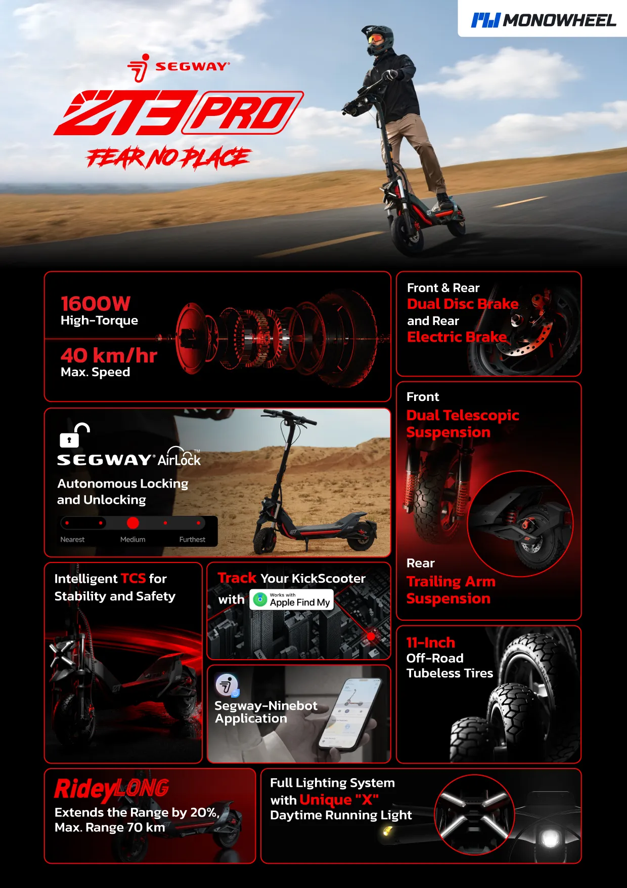 Segway Ninebot Segway ZT3 Pro สกู๊ตเตอร์ไฟฟ้ารุ่นใหม่ วิ่งได้สูงสุดถึง 70 กม. เครื่องศูนย์ MONOWHEEL