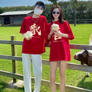 Red Cotton Short Sleeve T-Shirt Couple Set Pure Cotton Mens Nick And Judy 2025 New Summer Wear Casual Loose Fit round Neck Print