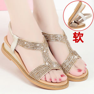 Comfortable Flat Bottom Womens Sandals Soft Bottom Wide Foot Accommodating Fashionable Casual Metal Decorated Wedge Heel
