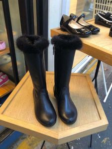 Korean Brand Childrens Shoes Girls Infant and Toddler Knee-High Leather Boots with Rivets Zipper Closure Flat Heel Natural Rubber Sole