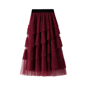 Elegant Multi-Layered High-Waist Mesh Skirt Mid-Length Ladies Sweet Style Frock for All Seasons Spring Summer Autumn Winter