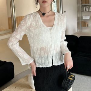 Áo khoác Miyake cao cấp kiểu Pháp phối họa tiết jacquard xếp ly thanh lịch #2025