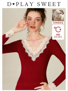 Red Auspicious Year Thermal Underwear Set V-Neck Lace Fleece