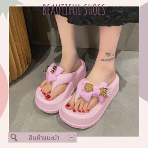 QZshop ใหม่สุด🎊 รองเท้าแฟชั่นญติดโบว์ประดับหมีสีทอง รองเท้าพื้นหนา เบานิ่ม สวมใส่สบาย รองเท้าหูหนีบ สีพื้นเรียบๆมี 4 สี ให้คุณเลือกทุกลุคการแต่งตัว😎