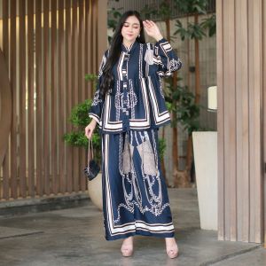 ONE SET WANITA MOTIF RANTAI RAYON PREMIUM BUSUI FRIENDLY BAJU SETELAN WANITA LENGAN PANJANG CELANA KULOT HIGHWAIST