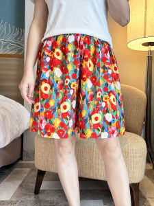 Summer Cotton Silk Short Pants Womens Thin Floral Print Artificial Cotton Home Wear Loose Fit Straight Leg Pants Large Size