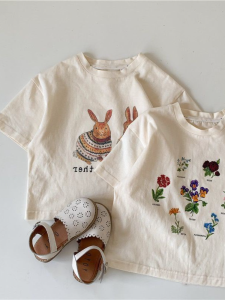 เสื้อยืดคอกลมแขนสั้นผ้าฝ้ายแท้สำหรับเด็กผู้หญิง ลายกระต่ายสุดน่ารัก สไตล์เกาหลี เสื้อผ้าเด็กผู้หญิง ฤดูใบไม้ผลิ 2024