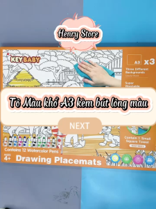 Bìa tô màu khổ A3*3 hình khác nhau kèm 12 bút lông màu và khăn lau có thể xóa