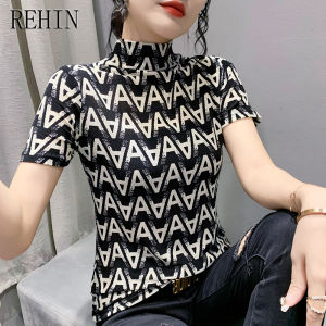REHIN Autumn new fashion plaid printed half-high collar short-sleeved T-shirt versatile and slimming womens top