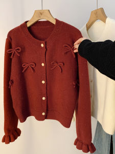 AMILUCK | Korean Style Soft Cozy Red Knitted Sweater Coat For Women With Bell Sleeves Sweet New Year Button Up Cardigan Spring Autumn