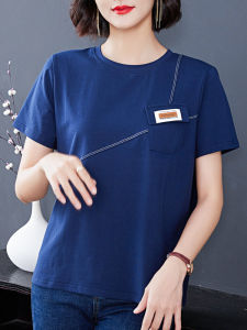 Pure Cotton Short Sleeve Casual Large Size T-Shirt Belly Covering round Neck Simple Splicing Mid-aged Mom Trendy Anti-aging Base Shirt