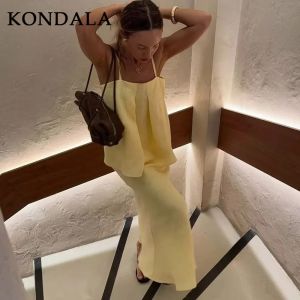 KONDALA 2025 Spring Summer Streetwear Butter Yellow Women Suits Fashion Folds Slash Neck Sleeveless Camis Straight Ladies Skirts