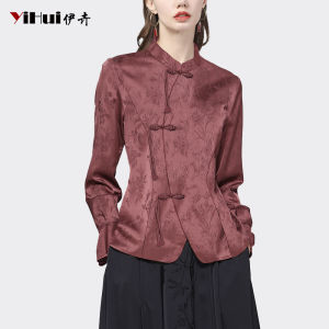 New Chinese Style Embroidered Long Sleeve Stand Collar Slim Fit Womens Shirt Vintage Floral Print Button up Spring Fashion