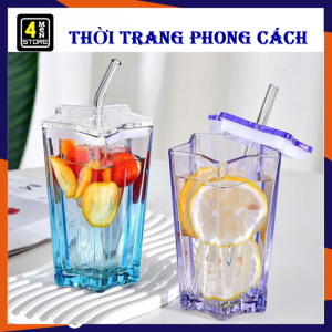 Cốc Ly Thủy Tinh Ngôi Sao Kèm Ống Hút Nắp Có Viền Silicone Chống Đổ Chống Tràn Siêu Xinh / Cốc Uống Nước Cốc Thủy Tinh - Cốc Uống Shot / Ly Cốc Tách Pha Lê Chịu Nhiệt Decor Bàn Sang Trọng