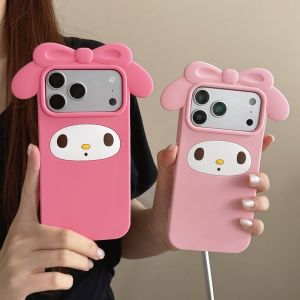 Sanrio | 3D Pink Bowknot Melody Sanrio Phone Case For iphone 17 16 15 14 13 Pro Max 16 Plus 12 Cute Silicone Shockproof Bumper Soft Cover