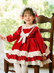 ชุดเดรสเด็กหญิงสไตล์โลลิต้าปาร์ตี้สีแดง ทรงกระโปรงทรงพอง ผ้าฝ้ายผสมโพลีเอสเตอร์ เหมาะกับเด็กอายุ 1-10 ปี