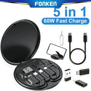 FONKEN 5 In 1 60W Fast Charging Cable Set Storage Box Multifunctional USB Charger Cable Organizer Portable Charging Cable Set With Phone Holder