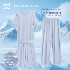 Miiow | Mens Pure Cotton Sleepwear Short Sleeve Pants Home Wear Summer New Style Large Size MiiOW Cat Person Casual Comfortable Set