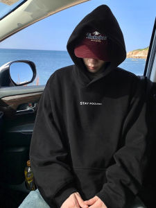 Retro American Trendy Brand Hooded Fleece Lined Cotton Sweatshirt Loose Fit Mens Jacket Heavyweight Casual Streetwear