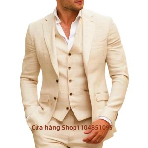 Bộ Vest Nam Linen Ôm Dáng Màu Be/xanh Dương 3 Mảnh Kiểu Tuxedo Lịch Sự Thích Hợp Cho Đám Cưới Dạ Hội Phù Rể Chú Rể Trang Phục Mùa Hè Mặc Thường Ngày