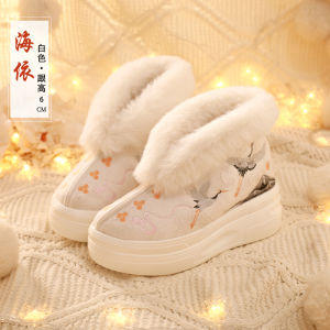 Giày Bốt Đế Dày Lót Lông Cừu Trang Phục Hanfu Mùa Đông Thêu Hạc Giày Cao Gót Kiểu Trung Hoa Mới Giày Dân Tộc Phong Cách Quần Sọc