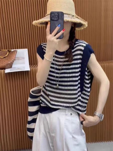 Summer Design Slim Fit round Neck Color Block Hollow out Sleeveless Knitted T Shirt Women Short Style Ice Silk Thin Top
