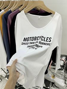 White Cotton T-shirt Womens Spring Autumn and Winter Loose Mid-Length round Neck Bottoming Shirt Design Sense Split Long Sleeve Top