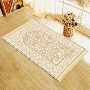 Thảm Cầu Nguyện Hồi Giáo VIKAMA Màu Be Cổ Điển In Họa Tiết Hoa Viền Tua Rua Gấp Gọn Được Dùng Cho Nhà Cửa Chất Liệu 100% Polyester