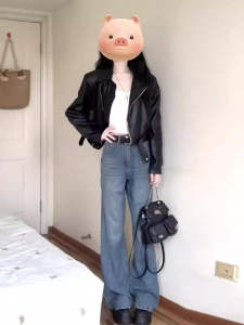 เสื้อแจ็คเก็ตหนังสีดำ ทรงสั้น ทรงเข้ารูป สำหรับผู้หญิง ฤดูใบไม้ร่วง 2025 ทรงมอเตอร์ไซค์ แจ็คเก็ตหนัง PU ทรงสุดเท่