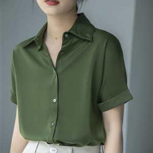 Green Short Sleeve Silk Shirt Loose Fit Design Sensation Niche Style Summer Vintage Japanese Versatile Polo Shirt for Women