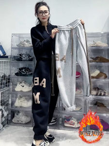 Fleece-lined Thickened Decorative Letters Casual Sports Pants Female Fall and Winter New Arrival High Waist Loose Slimming and All-Matching Ankle-Tied Sweatpants