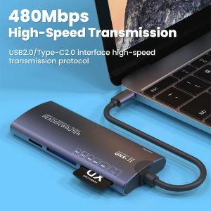 6-in-1 USB/Type-C đầu đọc thẻ-480Mbps cho SD/TF/XD/CF/M2/ms Đèn Led cáp bền chip thông minh