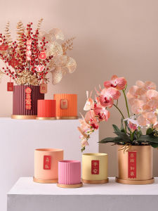 Butterfly Orchid Blessing Bucket Lunar New Year Flower Pot Ceramic Empty Barrel New Year Red Flower Pot Moving into the New House Flower Flower Arranging Bucket round