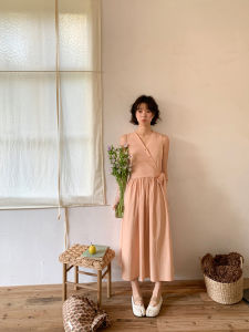 Overlapping V-Neck Tie Sleeveless A-Line Mid-Length Dress