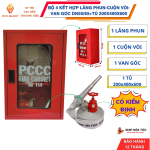 Combo bộ 4 thiết bị PCCC tiện lợi gồm tủ chữa cháy vách tường 400x200x600 đựng cuộn vòi lăng phun và van góc có tem kiểm định dùngcho hệ thống chữa cháy